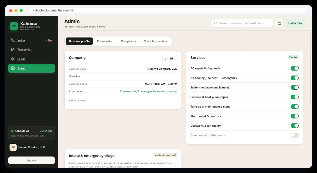 Kaboota Admin — call analytics, QA scoring, and controls