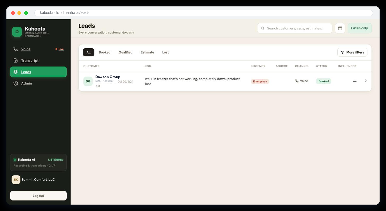 Kaboota Leads — captured opportunities from every conversation